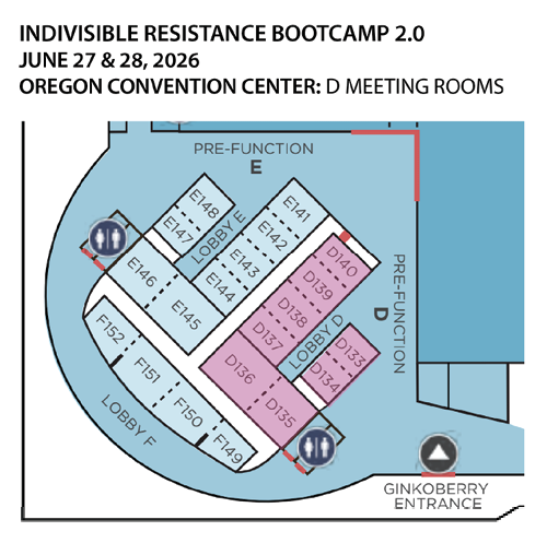 Map of OCC D-Suite meeting rooms, lobby D, lobby E, and the Ginkoberry entrance